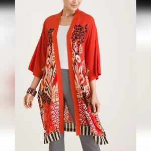 Chico's Tribal Kimono Ruana Wrap Longline Orange Black Boho Festival S/M